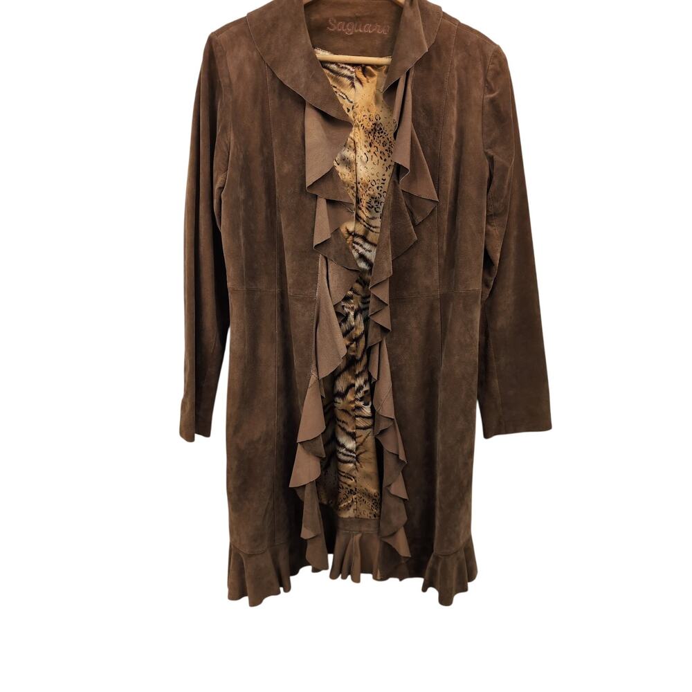 Saguaro Brown Suede Ruffle Trim Coat with Animal Print Lining, Size S